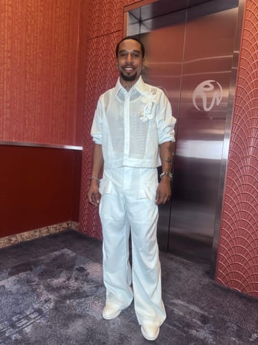 Customer photo review of Men's Avant-Garde Sheer Mesh Panel 3D Floral Applique Cropped Shirt SKUL75674