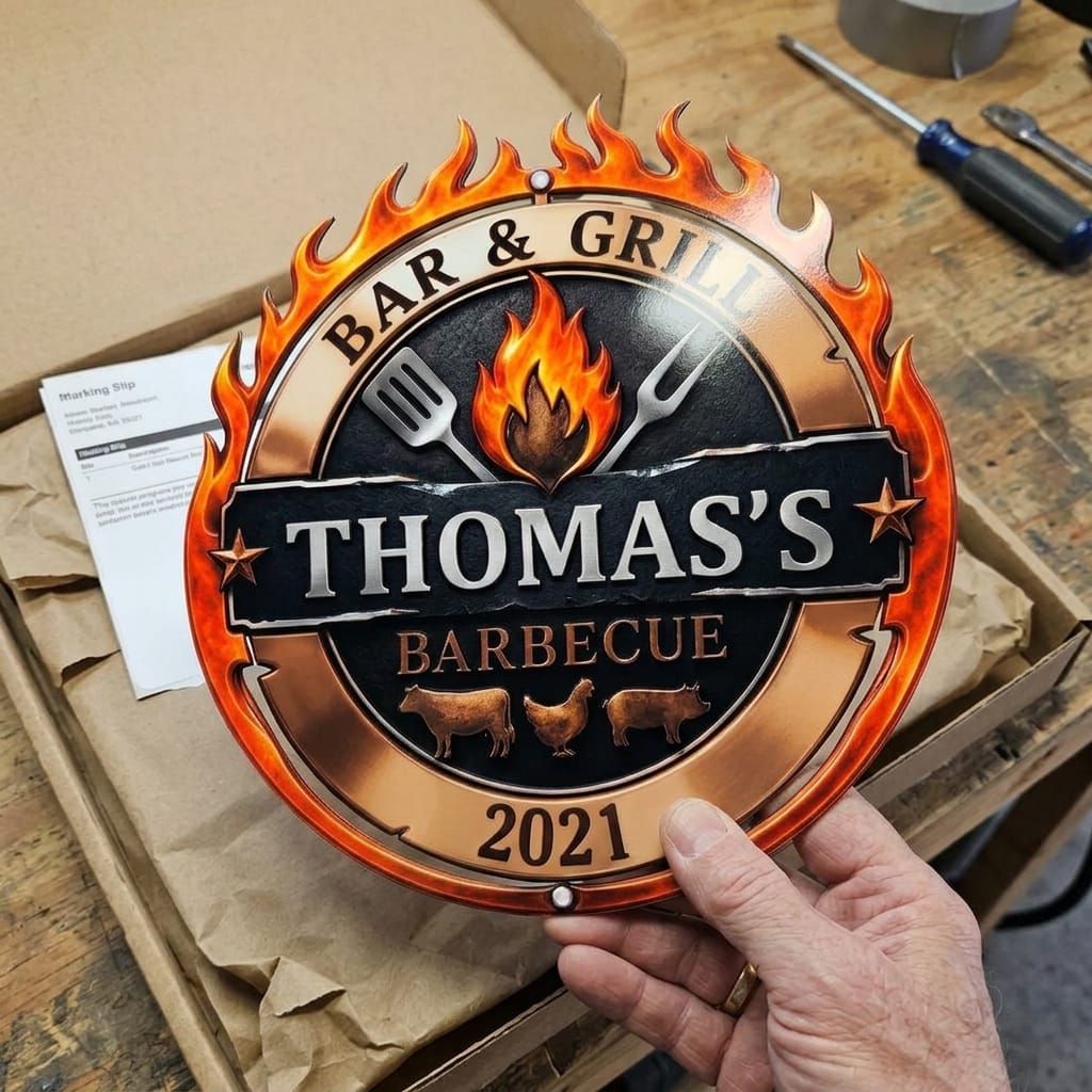 Customer photo review of His BBQ's Favorite Place - Custom Shaped Metal Sign