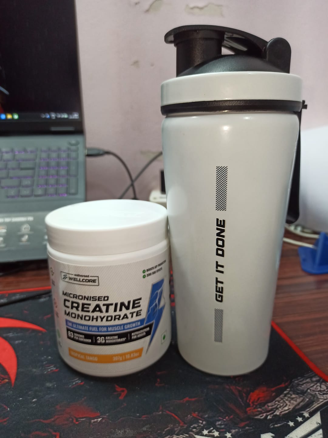Customer photo review of Wellcore - Micronised Creatine Monohydrate (83 Servings, Tropical Tango) + Premium Steel Shaker