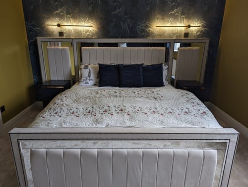 Customer photo review of Windsor Wide Extended Headboard Mirror Stripe Panelled Bed