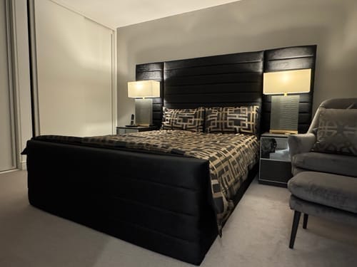 Customer photo review of Leland Wide Headboard Upholstered Line Panel Bed