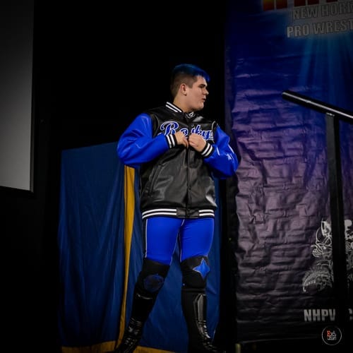 Customer photo review of Custom Black Royal Blue Faux Leather Letterman Jacket Full-Snap Personalized Name & Number