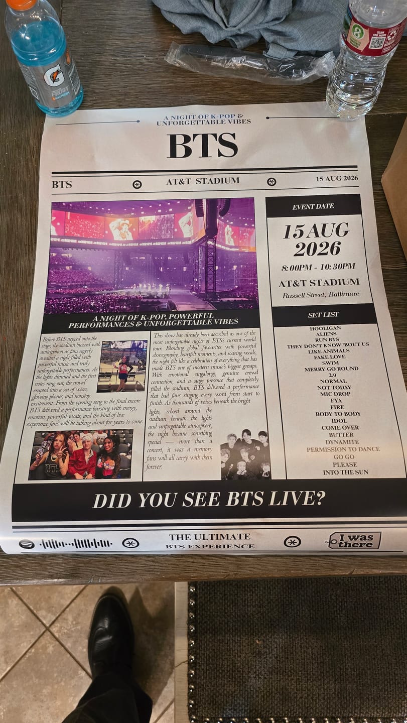 Customer photo review of BTS - Personalised Newspaper Style Concert Poster (USA Tour)