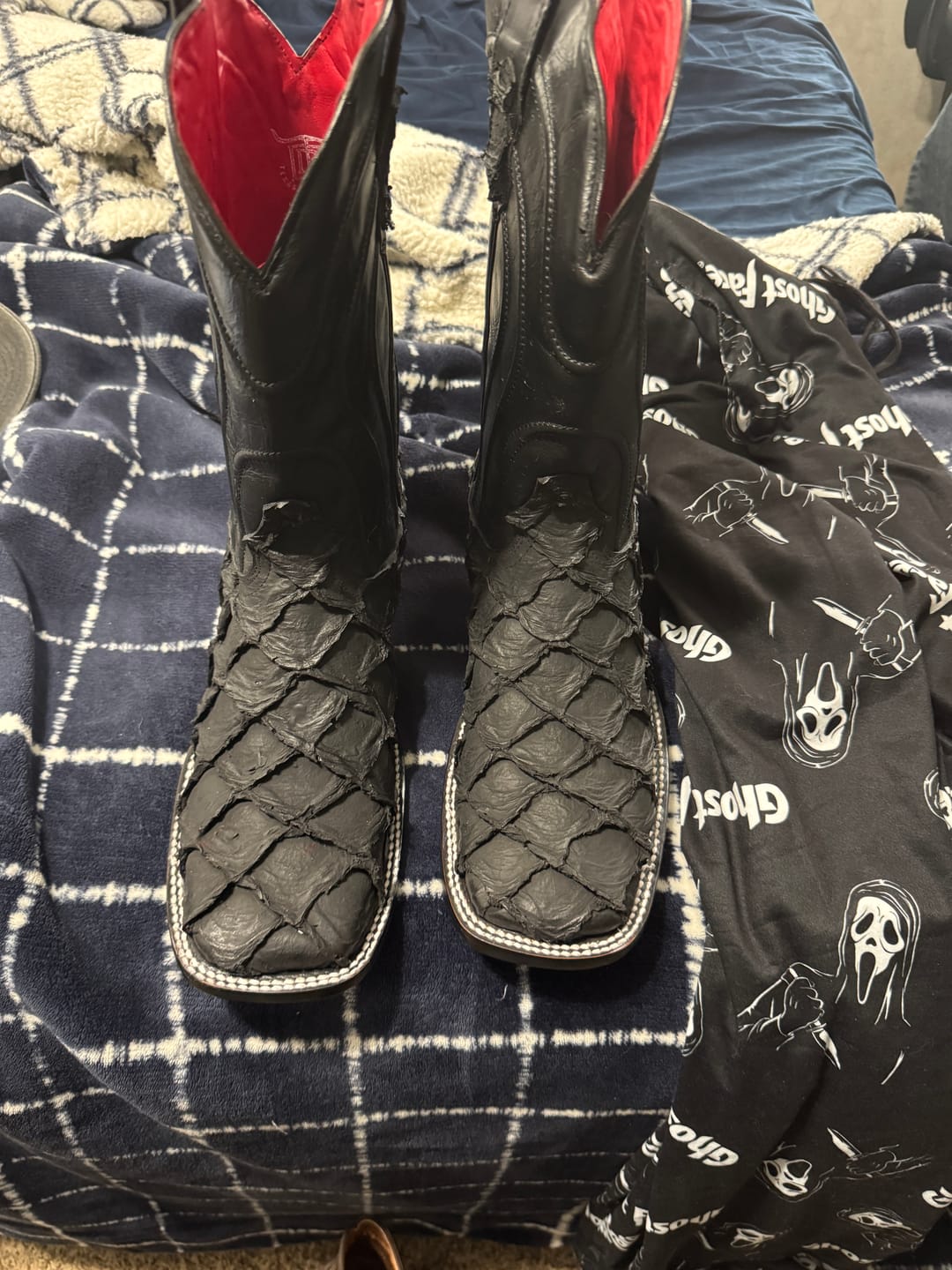 Customer photo review of Matte Black Jumbo Pirarucu Leather Boots - Square Toe (TCY)