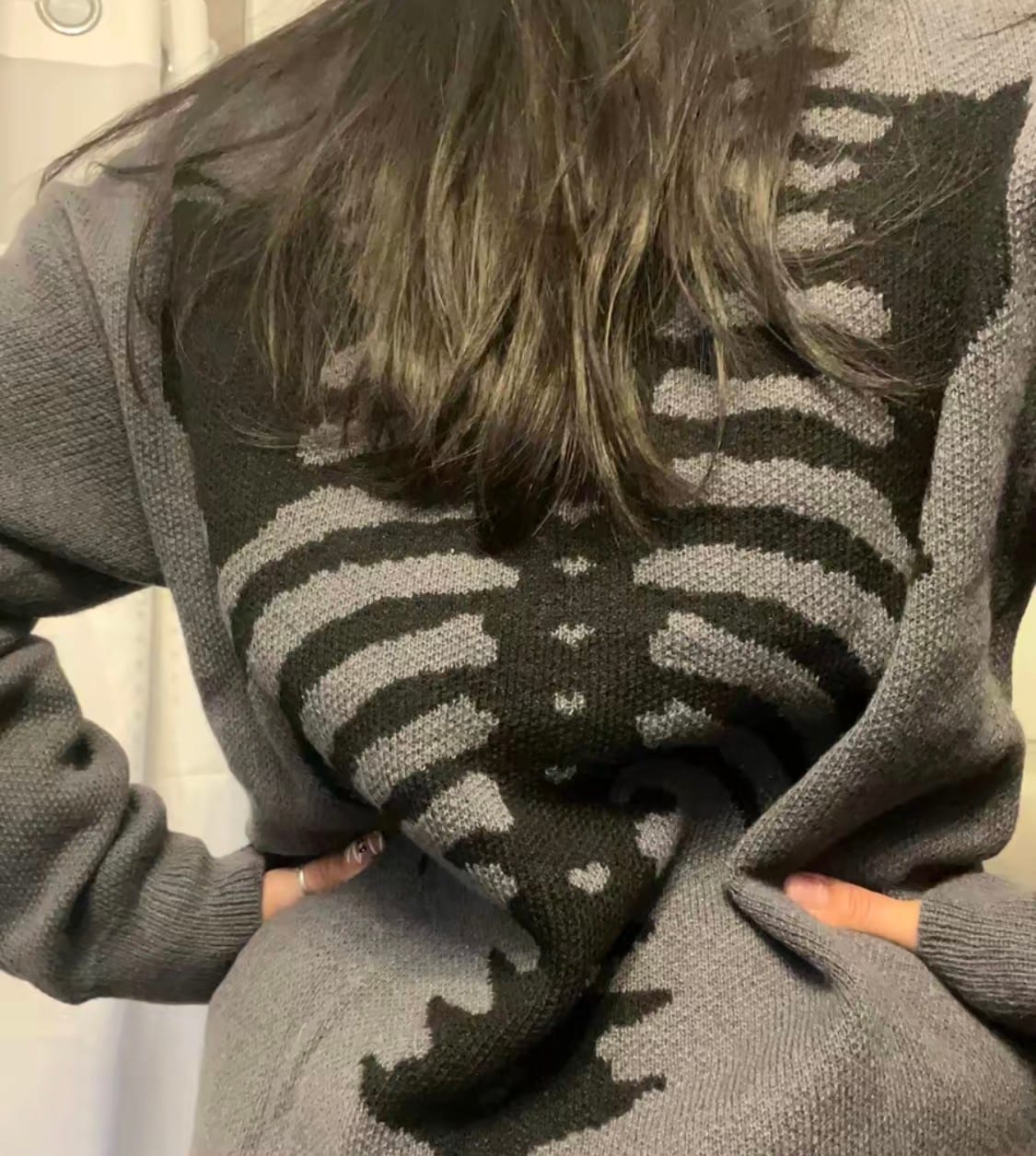 Customer photo review of Halloween Skeleton Knit Cardigan | V-Neck Button Down Sweater