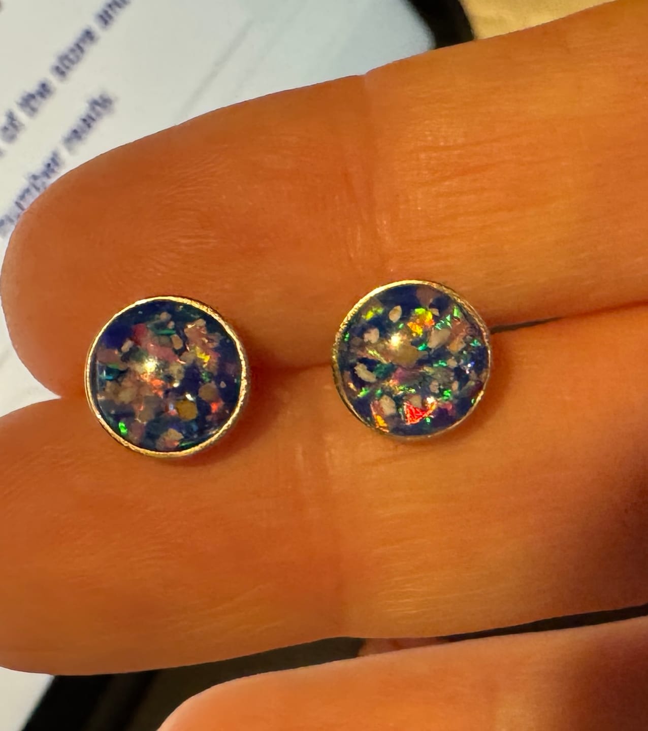 Customer photo review of Opal Stud Earrings with Infused Cremation Ash