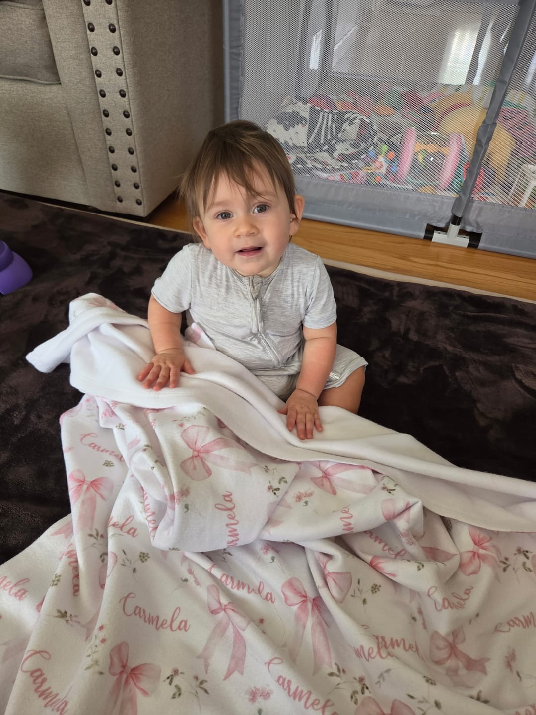 Customer photo review of Little Bow Pink personalized baby blanket