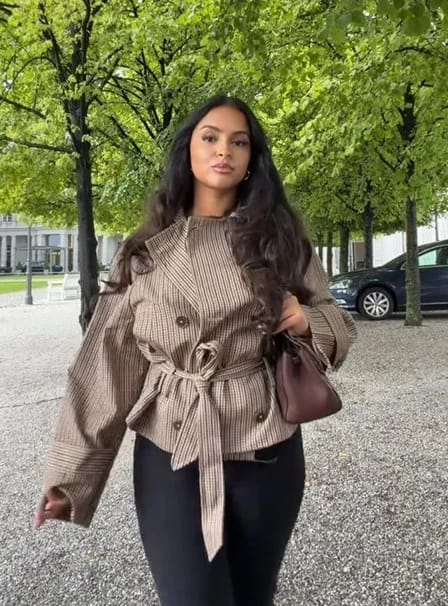 Customer photo review of Fiona Plaid Funnel Collar Trench Coat