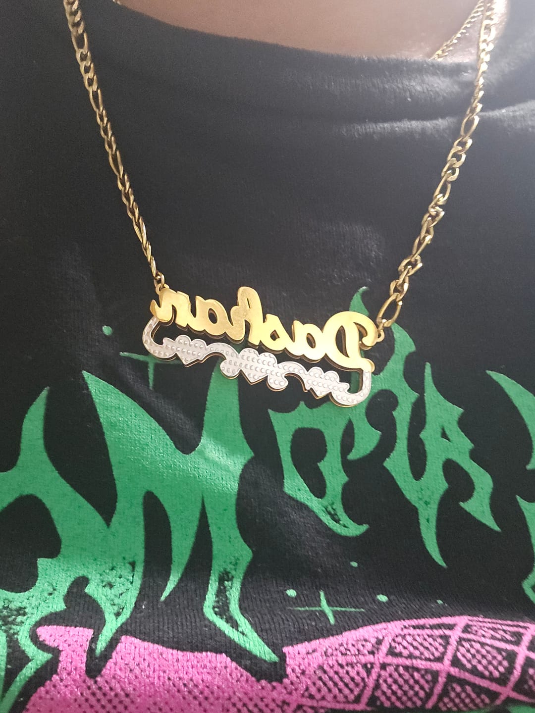 Customer photo review of Double Plated Triple Heart Name Necklace w/ Cuban Chain