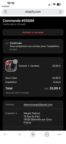 Customer's order confirmation screen for Dossier 1: Cendres, showing a pending shipping status.