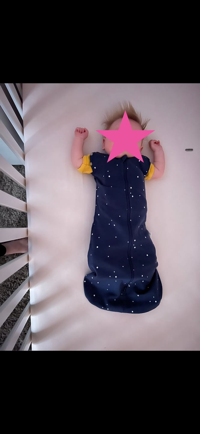 Customer photo review of Swaddle Bag, Merino Wool, Newborn to 3 Months, Star Indigo