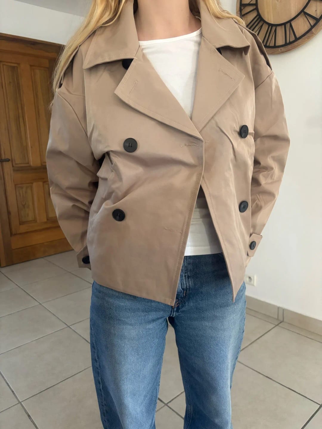 Customer photo review of Carmen Cropped Double Breasted Trench Coat