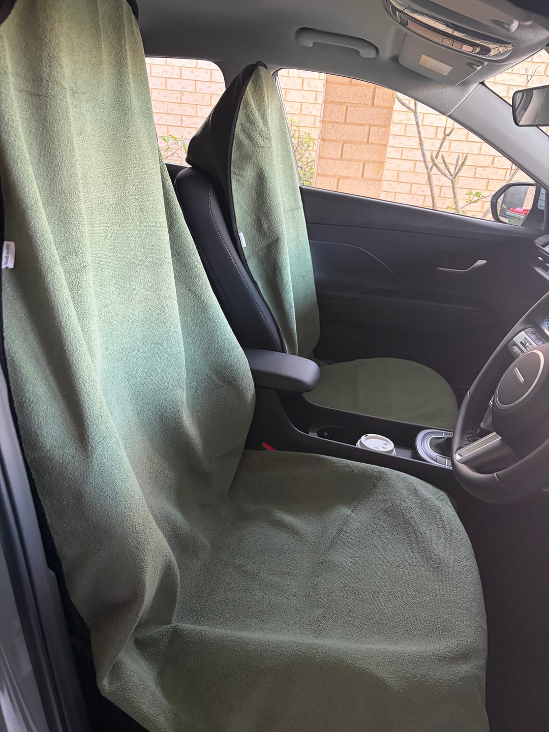 Customer photo review of Waterproof Car Seat Towel – Moss Green | Towel Society
