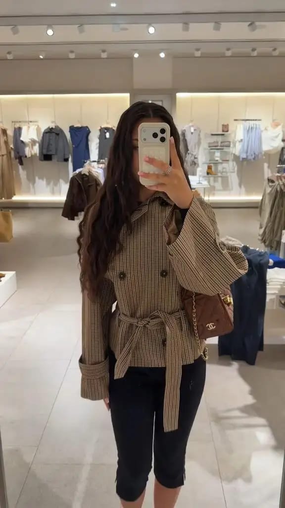 Customer photo review of Fiona Plaid Funnel Collar Trench Coat