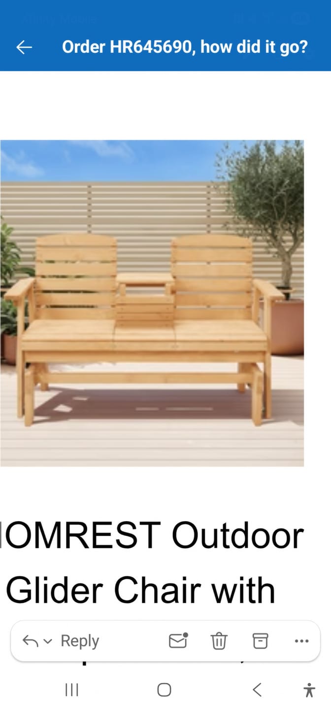 Customer photo review of HOMREST Outdoor Glider Chair with Cup Holders, Garden and Park Chair, All-Weather Porch Glider Bench