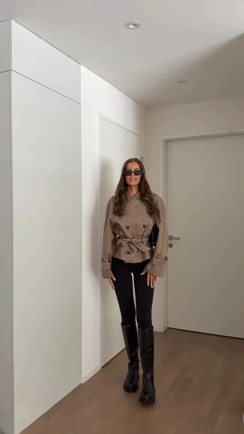Customer photo review of Fiona Plaid Funnel Collar Trench Coat