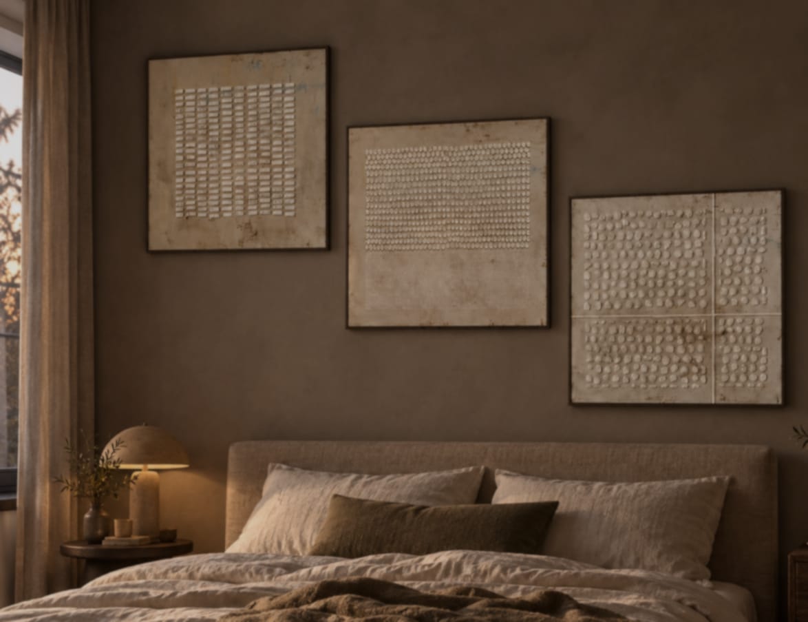 Customer photo review of Quiet Relief-Textured Triptych Painting