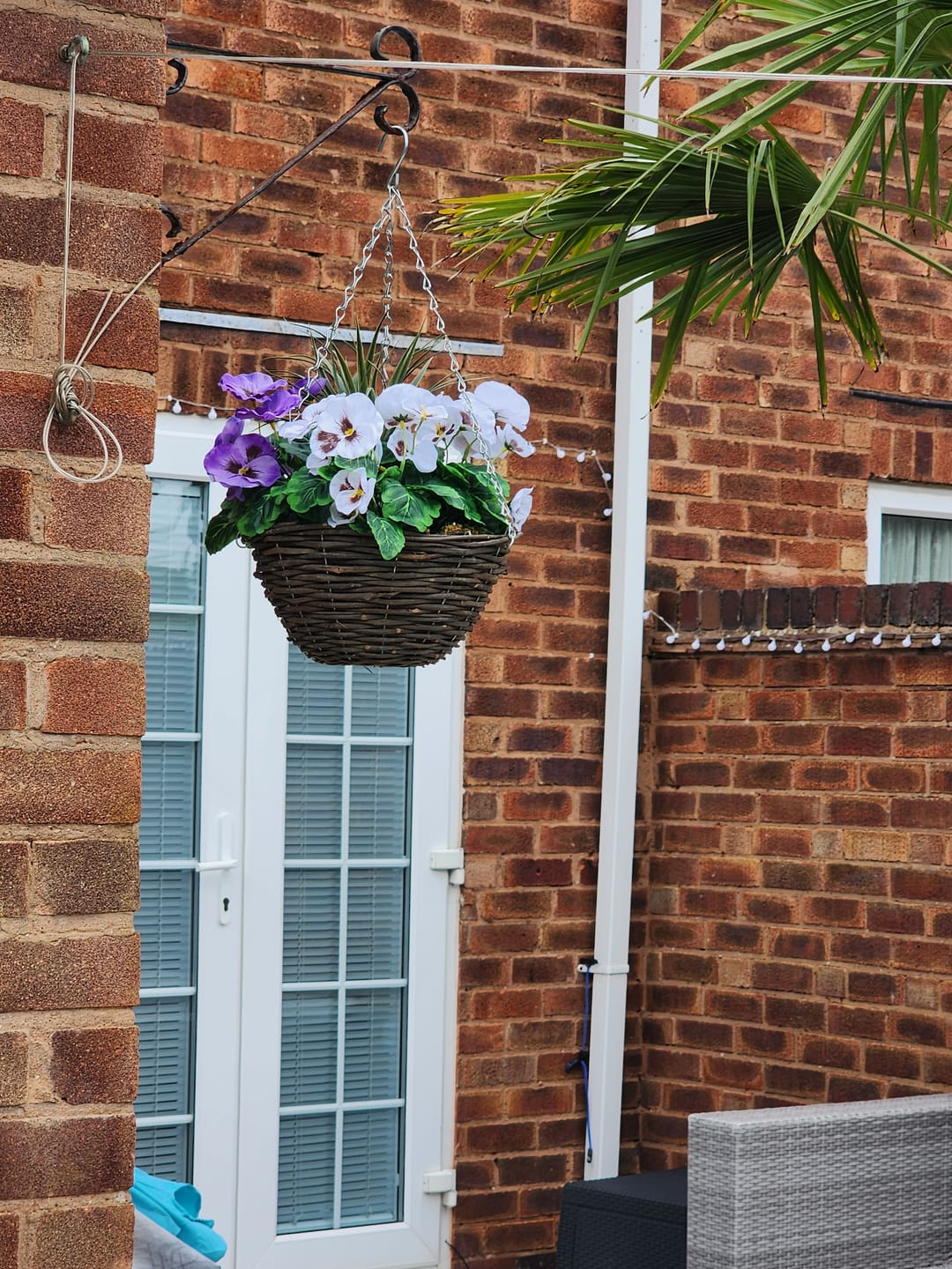 Customer photo review of Purple & White Pansy Round Rattan Hanging Baskets (Set of 2) 25cm - A1013