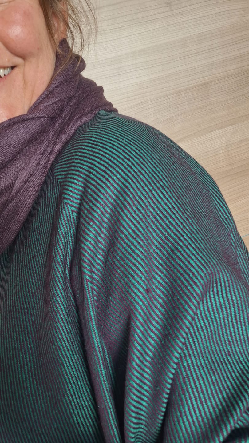 Customer photo review of NEW! JIVA Wool Silk Kimono Green Fuchsia