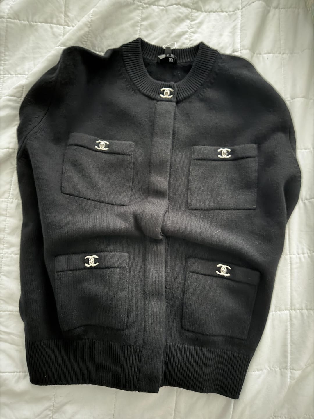 Customer photo review of Chanel 2026 Knitted Cardigan Black And White Wool