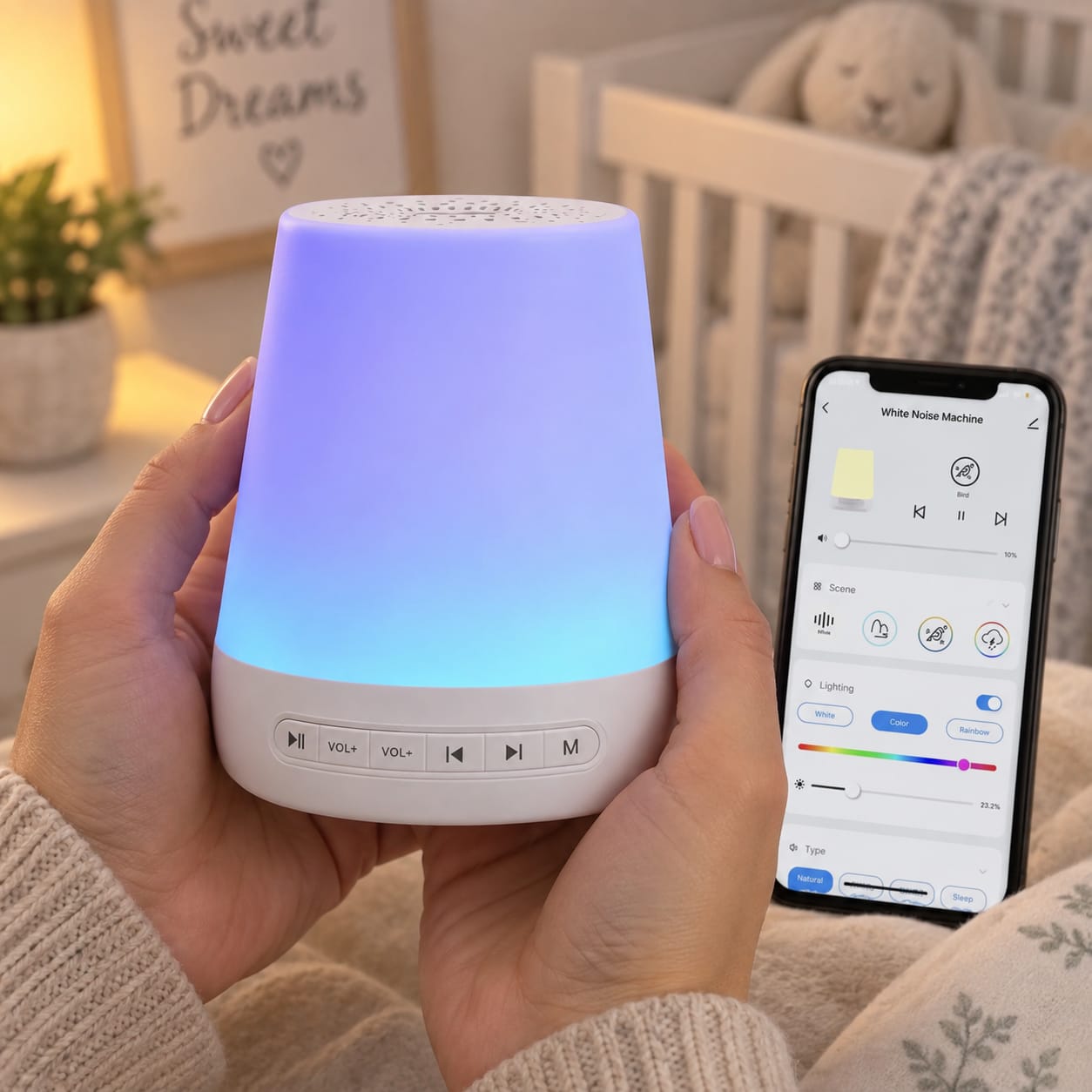 Customer photo review of Smart White Noise Machine & Toddler Sleep Trainer with Night Light