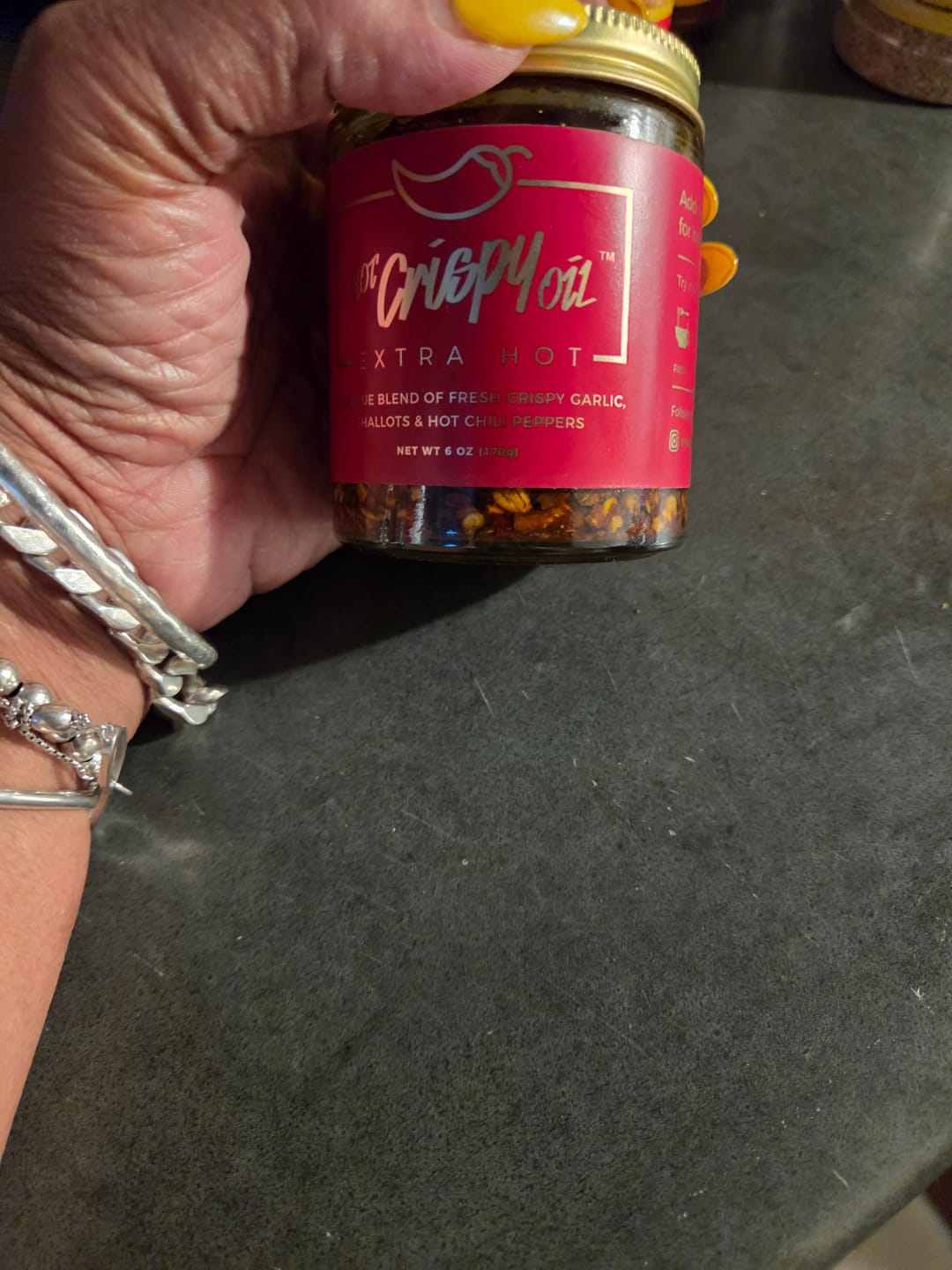 Customer photo review of Extra Hot Crispy Oil –  Chili Crisp Garlic Oil