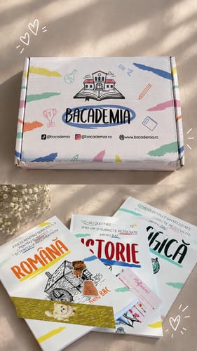 Customer's Pachet Bacalaureat box and three colorful study guides for Romanian, History, and Logic laid on a surface.