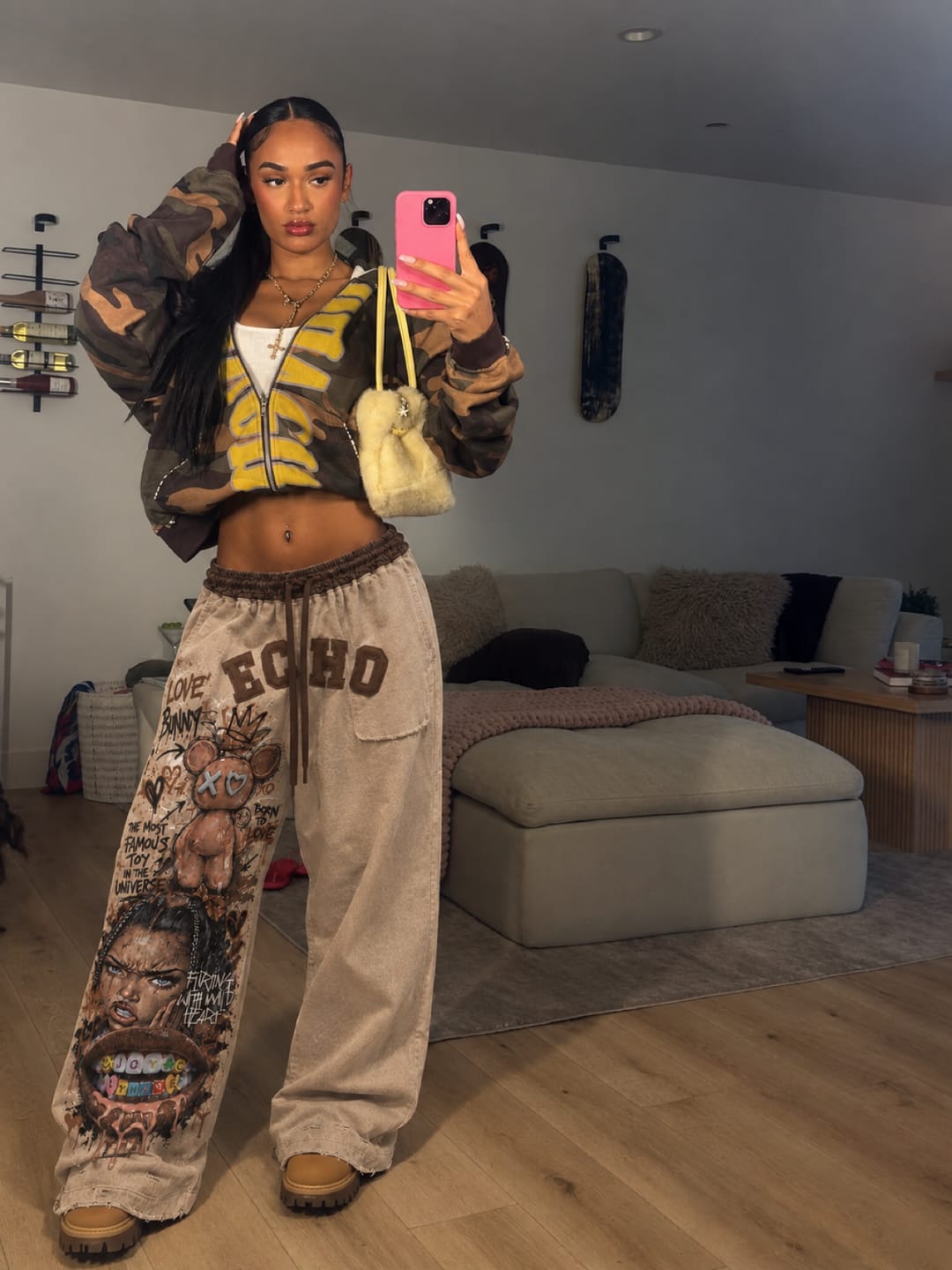 Customer photo review of ECHOTICKS Pink Streetwear Graphic Print Statement Pants