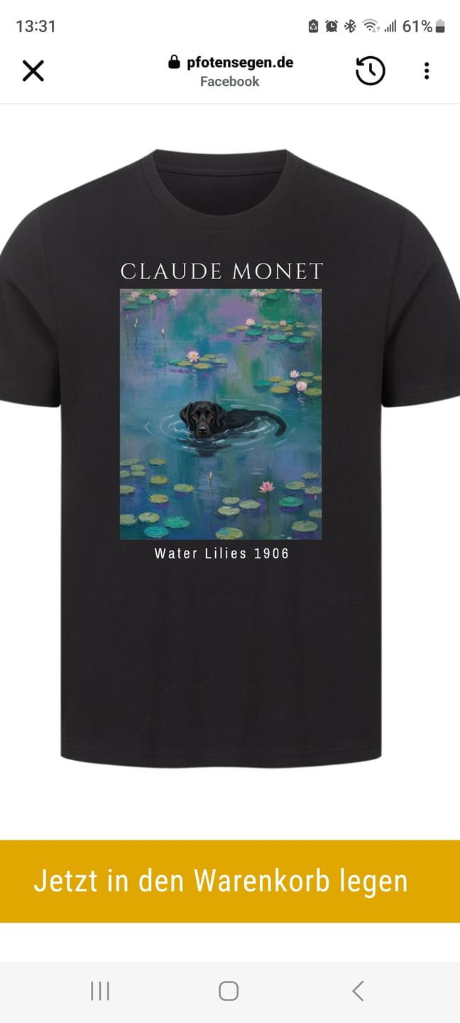 Customer photo review of Claude Monet Water Lilies Premium T-Shirt mit deinem Hund