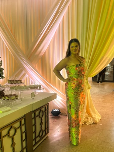 Customer photo review of Cleo Strapless Column Gown in Green by Theia Couture - RENTAL