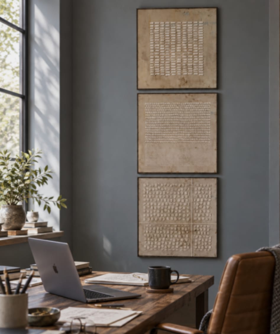 Customer photo review of Quiet Relief-Textured Triptych Painting
