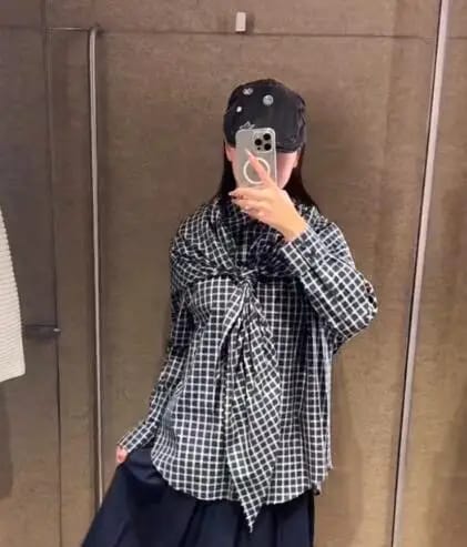 Customer photo review of Lena Plaid Scarf-Tie Shirt