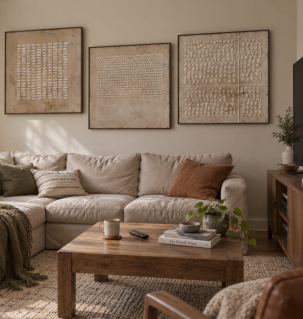 Customer photo review of Quiet Relief-Textured Triptych Painting