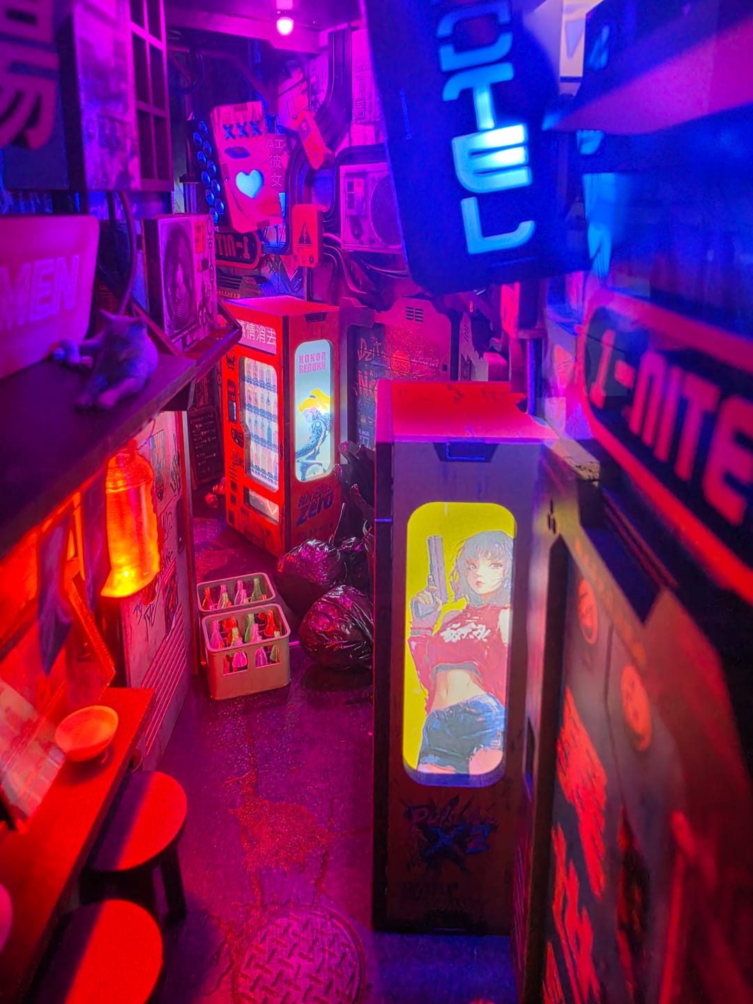 Customer photo review of Neon Ramen MiniAlley Cyberpunk DIY Book Nook Kit, Scale Model Kit,  Japanese Ramen Shop Miniature Scene