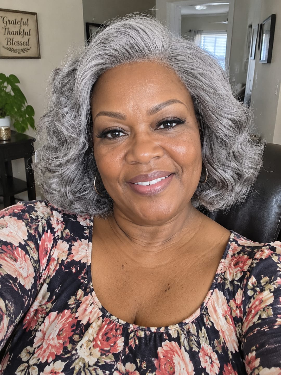 Customer photo review of Luvwin 5x5 Salt And Pepper Gray Color Glueless Pre-Cut Lace Short Layered Loose Wave Wig 100% Human Hair