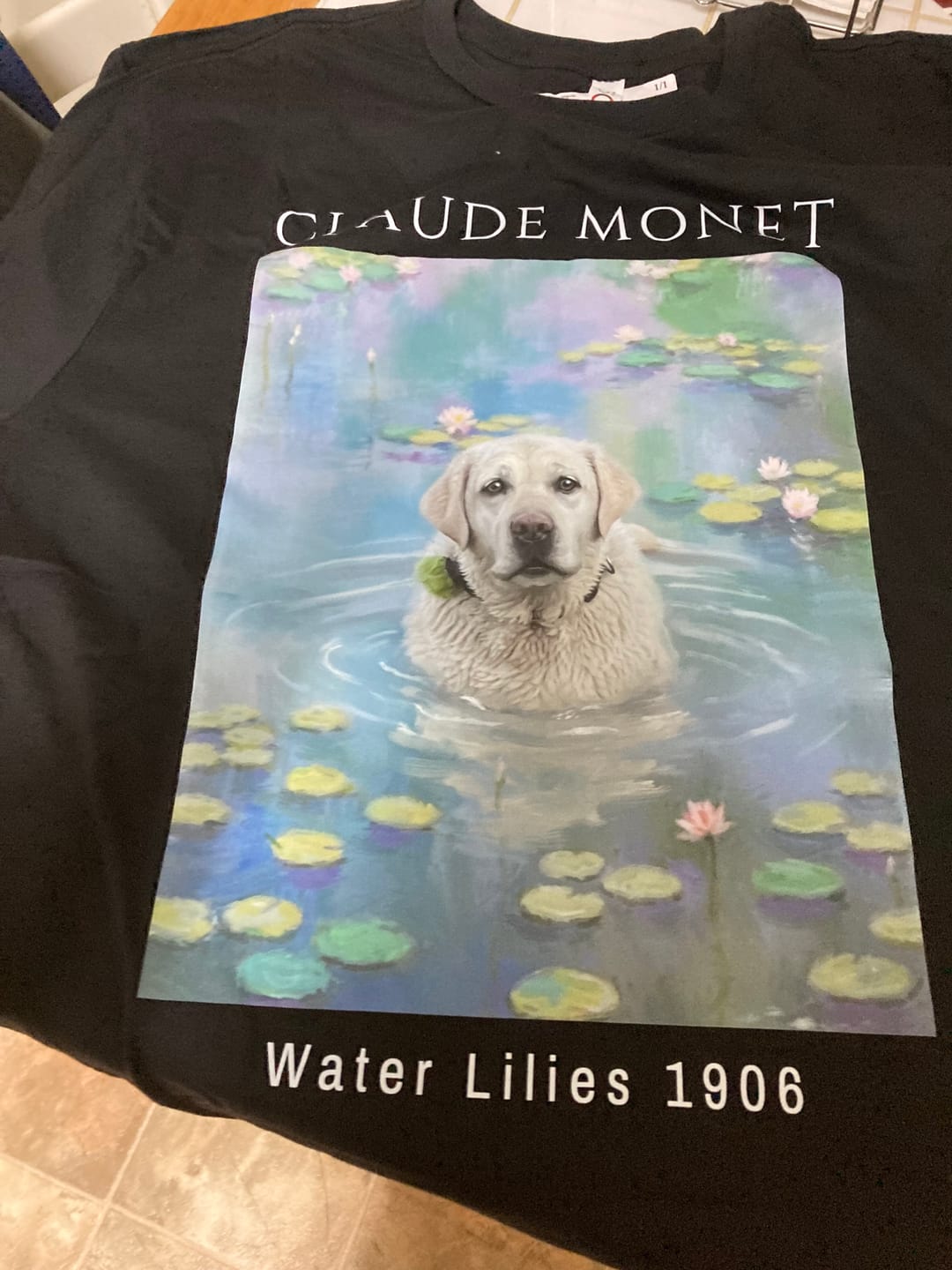 Customer photo review of Personalized Monet-Inspired Dog T-Shirt – Water Lilies Art Design