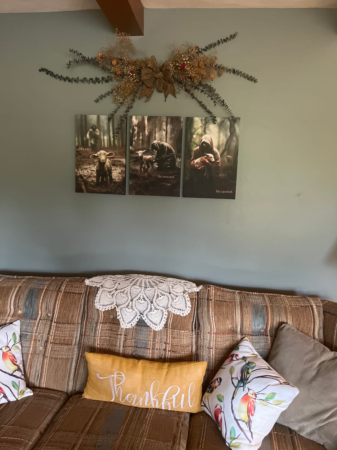 Customer photo review of The Good Shepherd Shelters His Lamb In The Rain – Luke 15 – Christian Wall Art Canvas