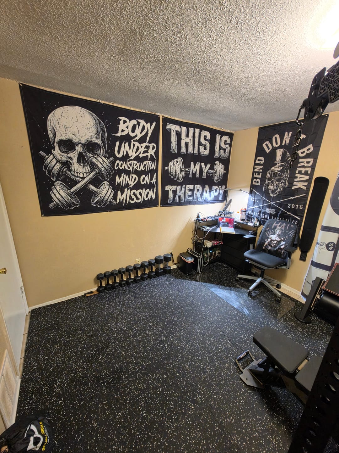 Customer photo review of Personalized Home Gym Decor Motivational Quotes Skull Banner Flag 11542