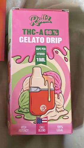 Customer's Rollz THC-A vape box in Gelato Drip flavor, featuring pink packaging with illustrations of ice cream scoops.