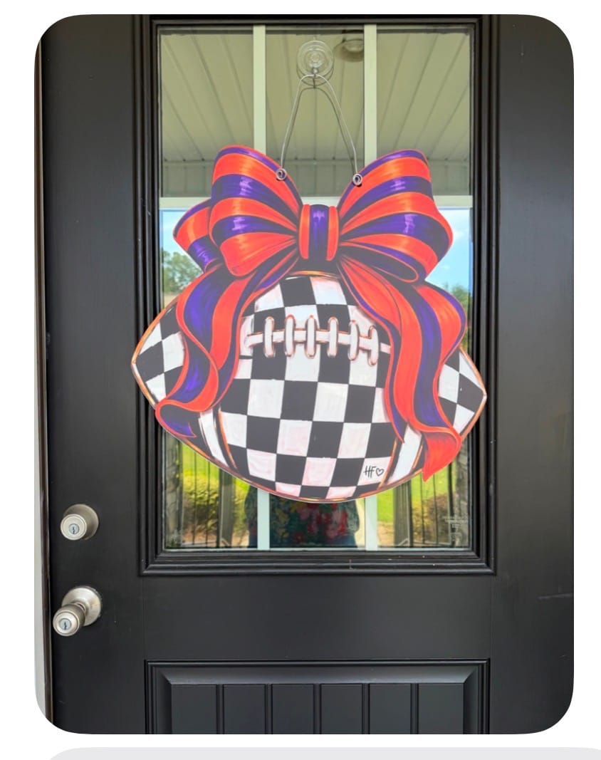 Customer photo review of Checkered Football Bows Orange Purple Door Hanger