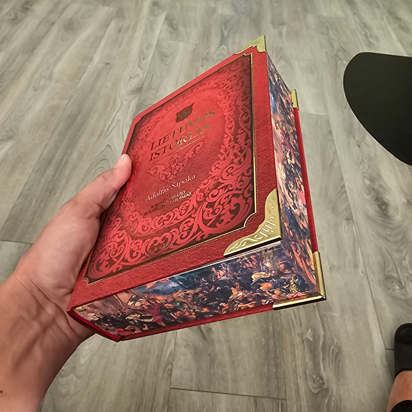 Customer photo review of Lietuvos istorija: XXL riboto tiražo kolekcinis A. Šapokos knygos leidimas + trispalvė šilko juostelė + metalo kampai + Žalgirio mūšį vaizduojanti puslapių briauna
