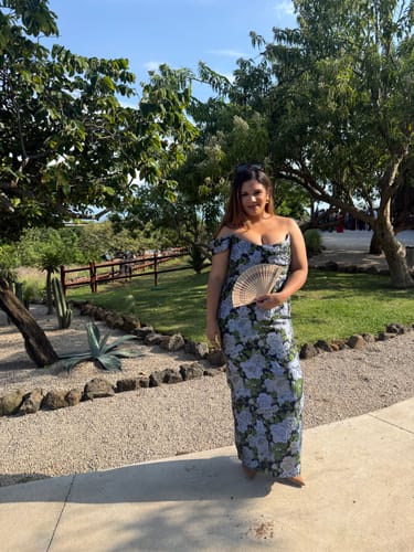 Customer photo review of Jackson Jacquard Gown in Blue Floral by Sau Lee - RENTAL