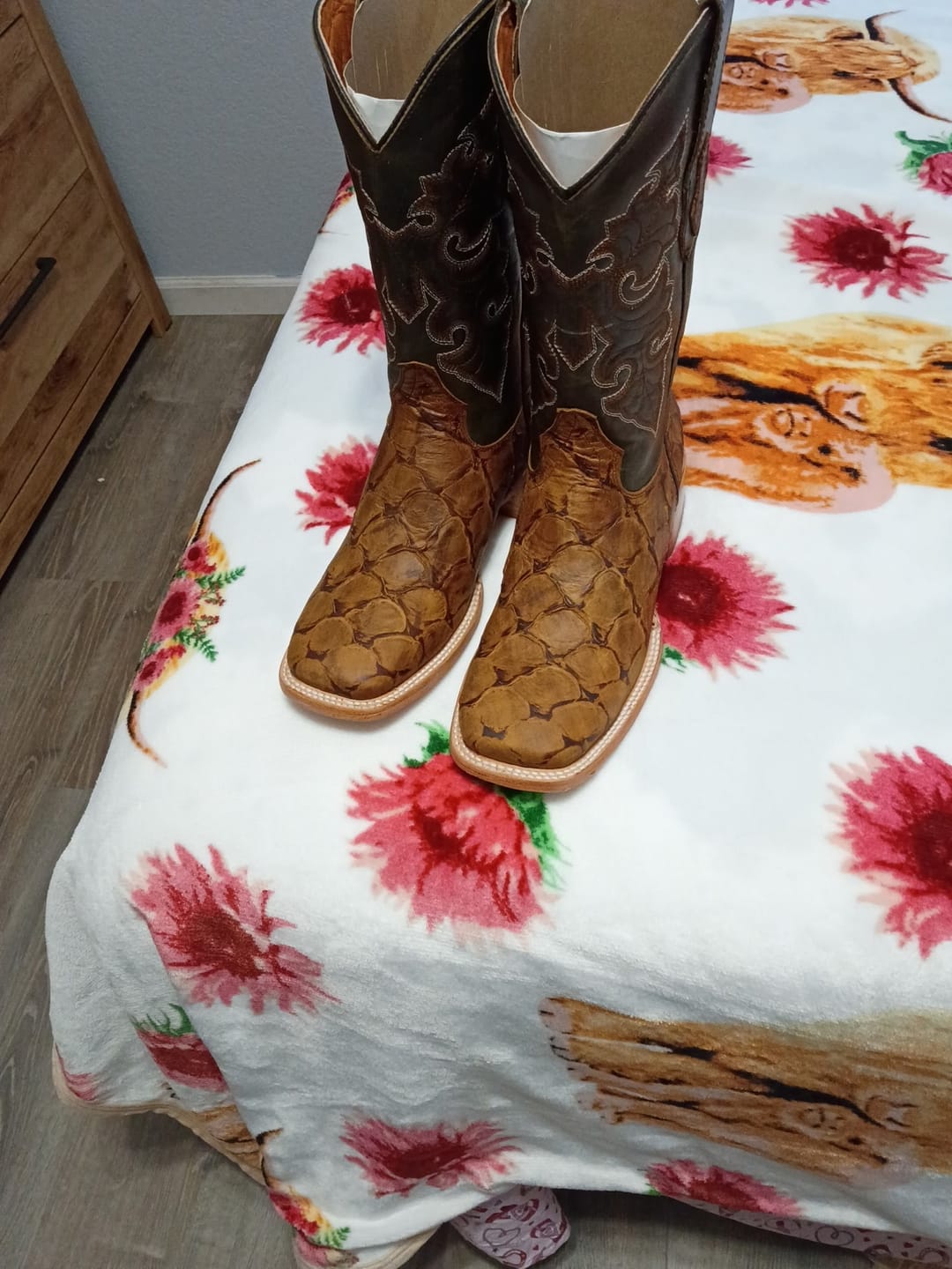 Customer photo review of Matte Honey Pirarucu Leather Boots - Square Toe
