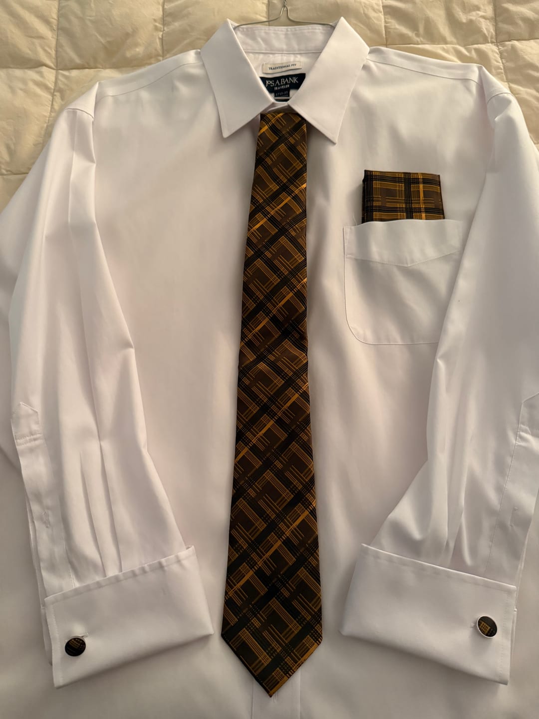 Customer photo review of Barry. Wang Brown Yellow Stripe Plaid Tie Pocket Square Cufflinks Set