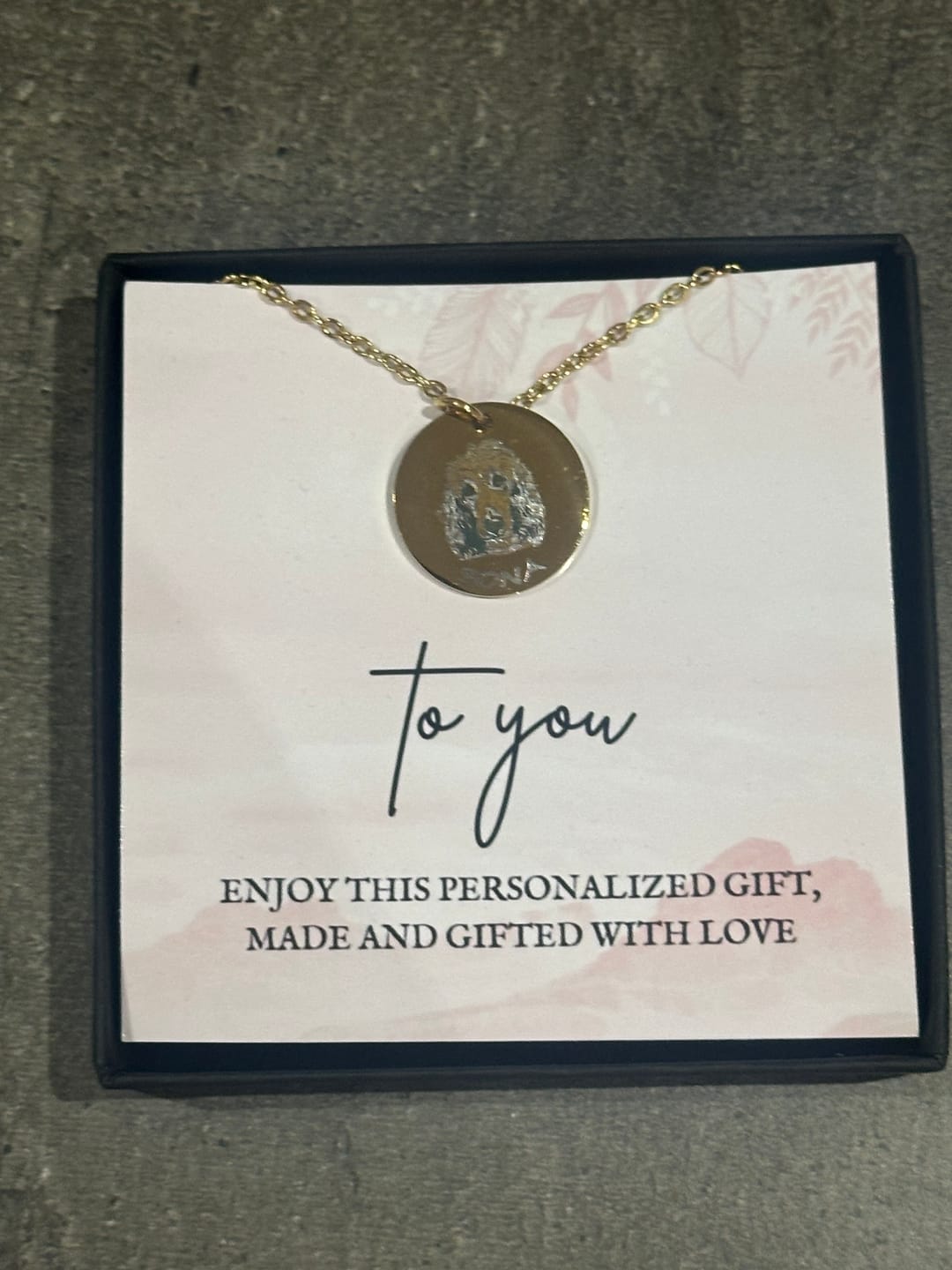 Customer photo review of Personalized Dog Portrait Necklace – Engraved Photo Pendant