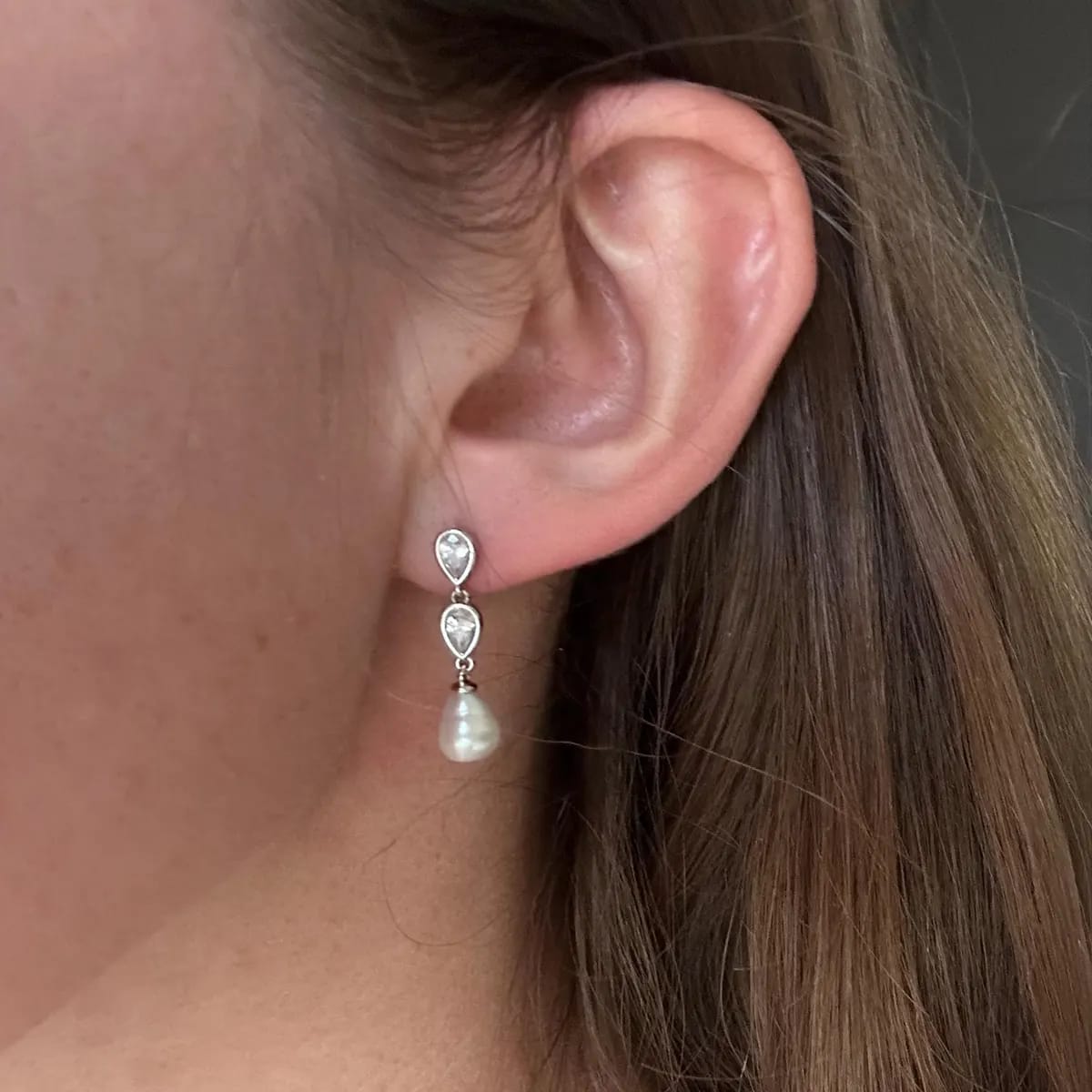 Customer photo review of Double Teardrop Pearl Earrings
