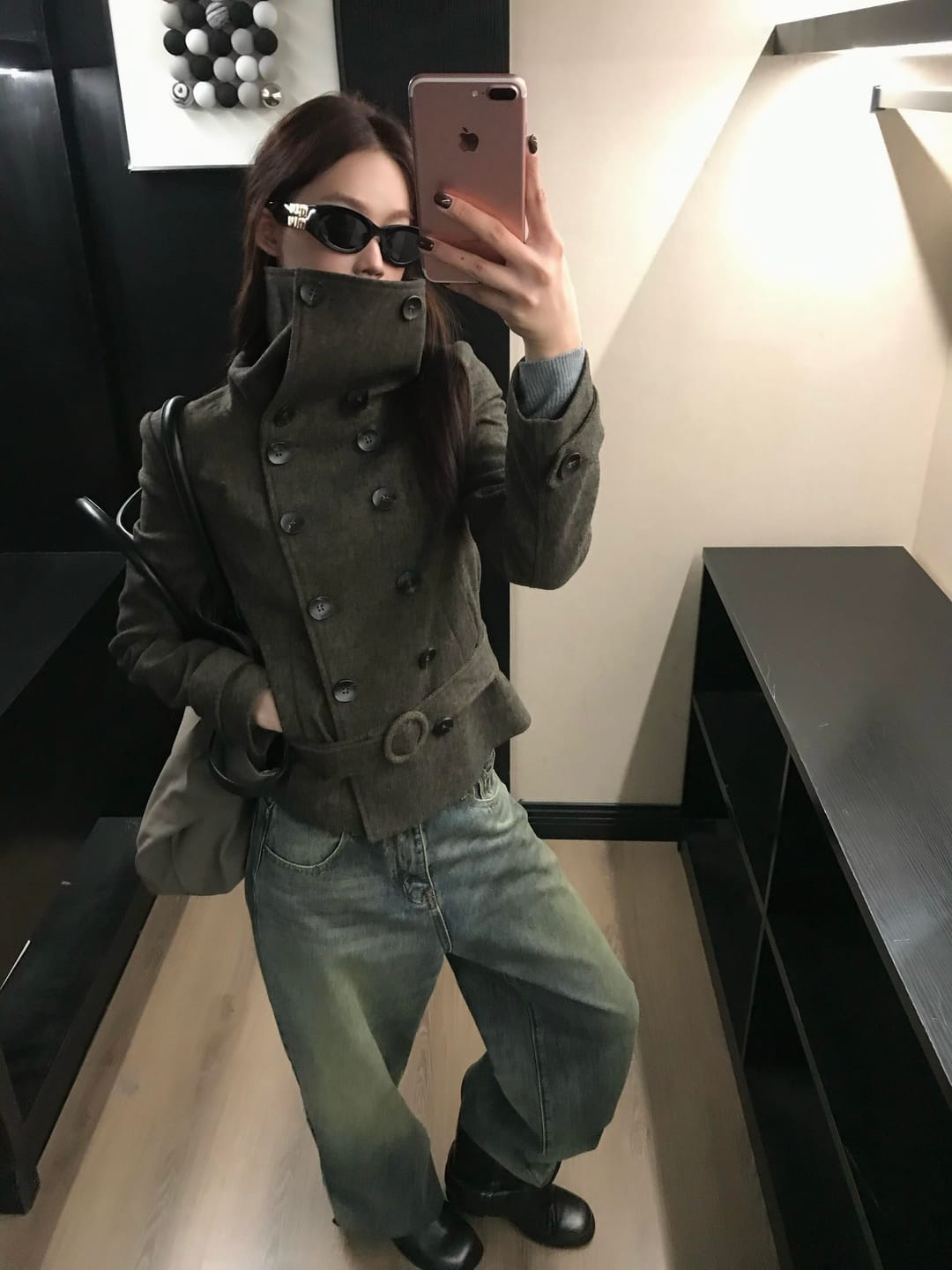 Customer photo review of IAMXIAA Wool-Like High Neck Belted Double-Breasted Jacket