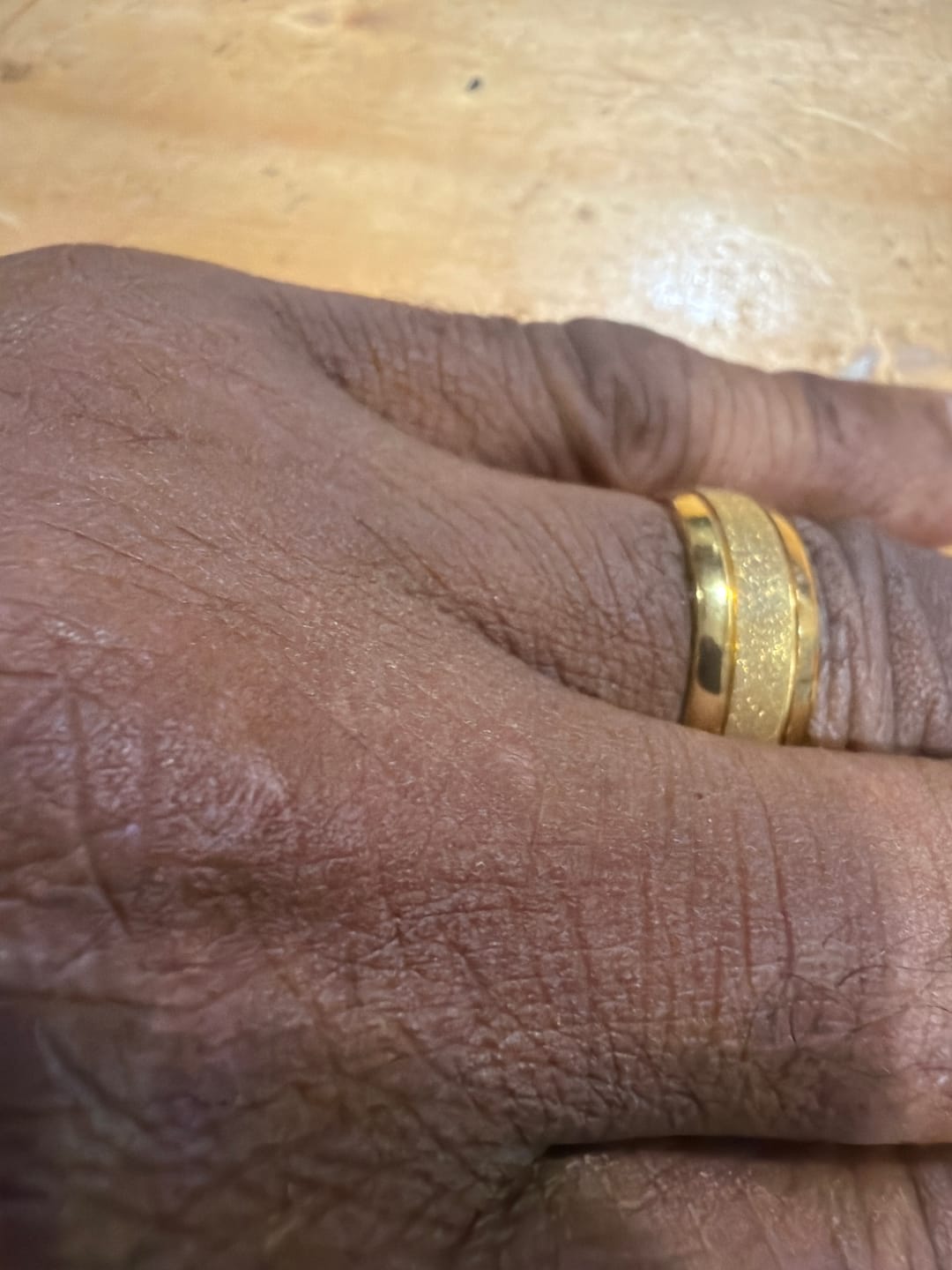Customer photo review of 8mm 18k Gold Tungsten Wedding Band Sandblasted Center Double Groove Ring
