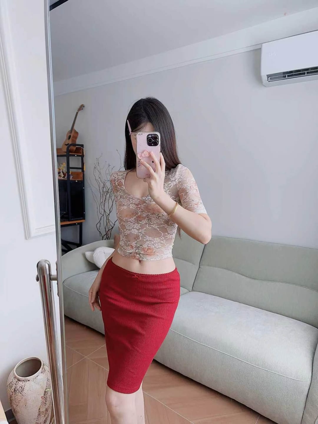 Customer photo review of Hydrae Floral Lace Sheer Scoop-Neck Fitted Top