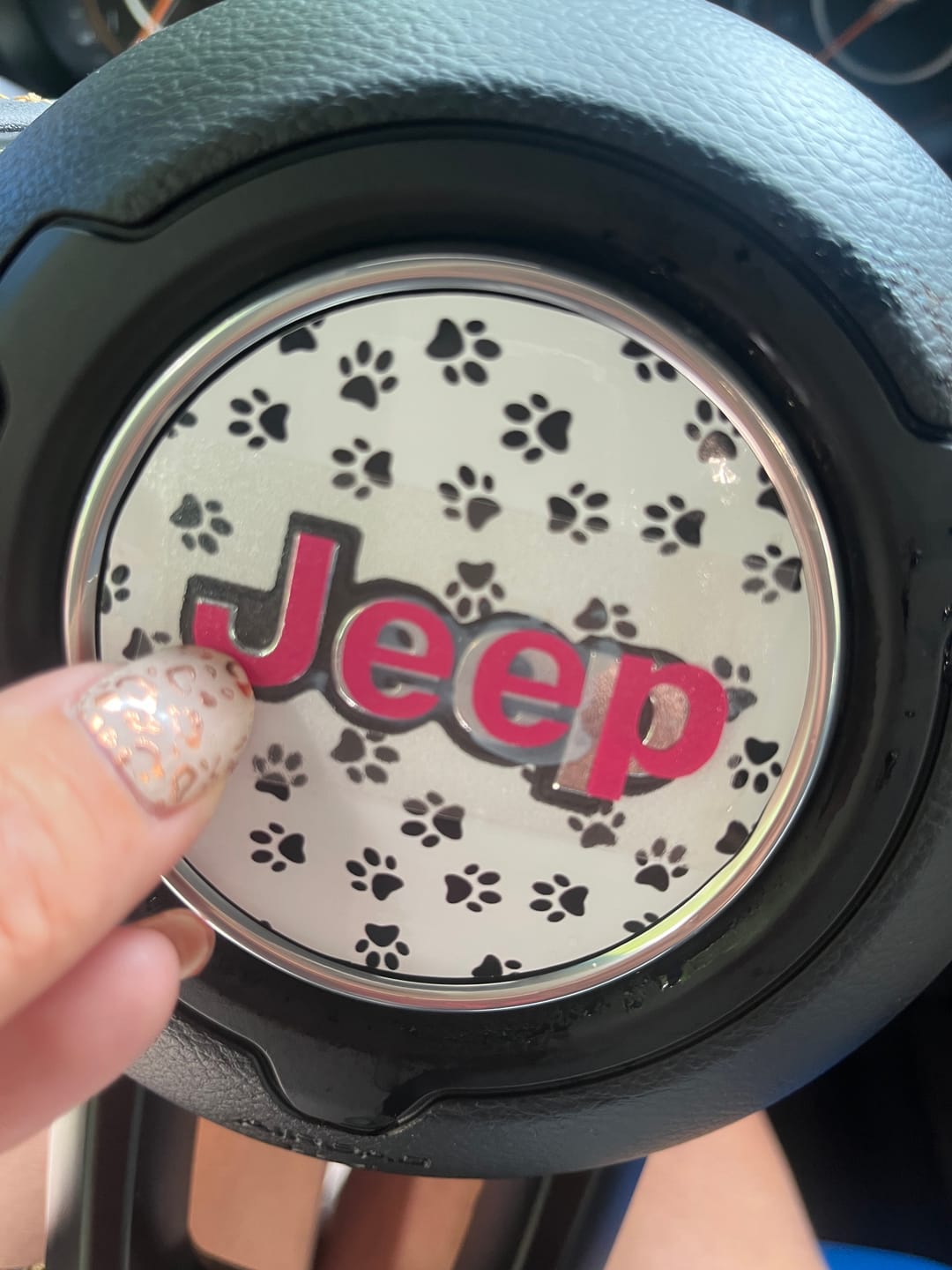 Customer photo review of JEEP Steering Wheel Emblem Overlay Decal — 30+ Colors & Designs (Flag, Topo, Animal, Solid)
